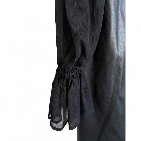 Calvin Klein Women’s Black Chiffon Sleeve Faux Leather Sheath Dress Size 12 NEW - Picture 5 of 9